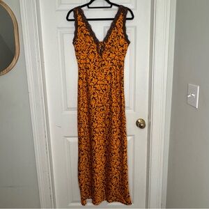 Slip Dress Maxi Lace Trim Floral Colorful Size Medium Orange and Brown New Tags